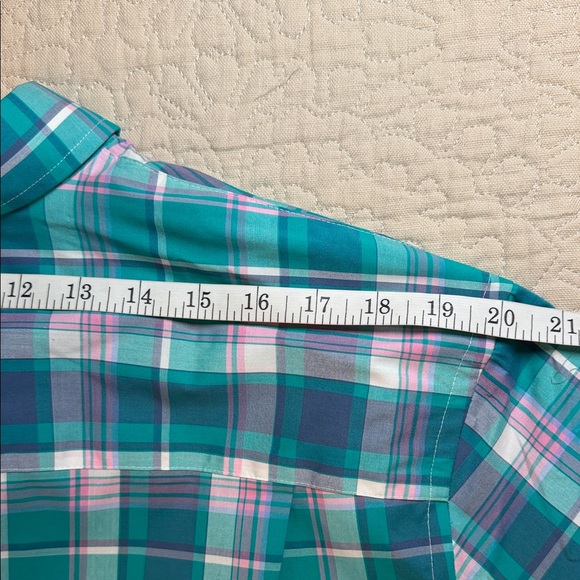Crown & Ivy Size Large Classic Fit Teal & White Plaid Button-Down Cotton Shirt - Picture 7 of 7